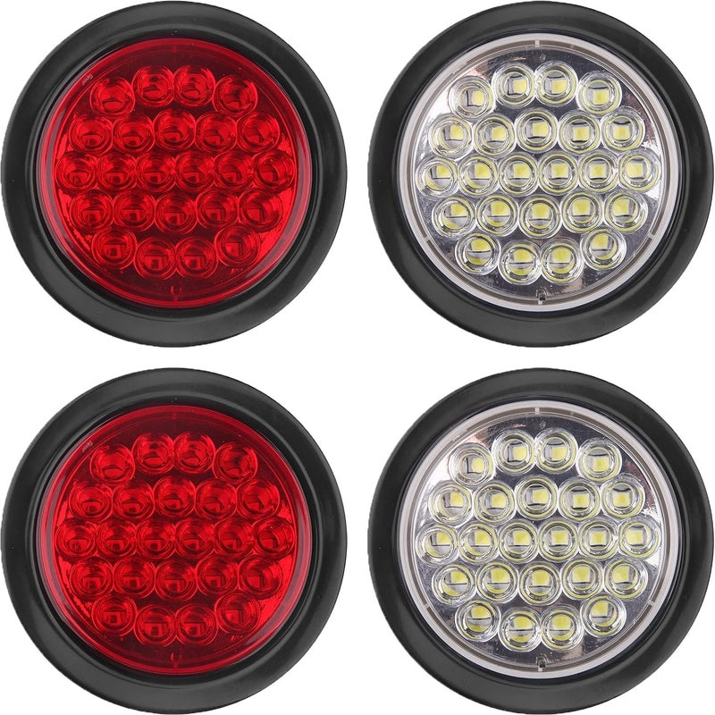 Partswcgg 4Pcs 4 Inch Round Led Stop Turn Tail Brake Backup Reverse Lights 24 LED Waterproof 4 Inch Round LED Trailer Tail Lights for Trucks RV W/Lights Grommets 3-Prong Trailer Wire Pigtails 12V (2Red+2White) - Image 1
